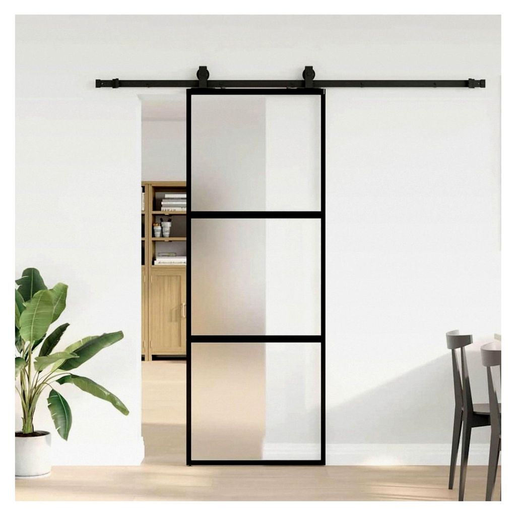 Schwarz matt, Hartglas-Aluminium-Schiebetür 76x205cm, 5mm Glas, 2cm Türstärke, 100kg Tragfähigkeit