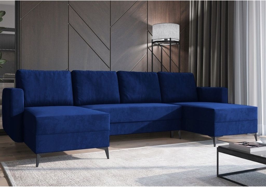Easy4You Ecksofa Marineblau JORD U-Form – 303x94x145 cm - Schlafsofa mit Bettkasten und Schlaffunktion - Eckcouch mit Stauraum, Metallfüße und ...