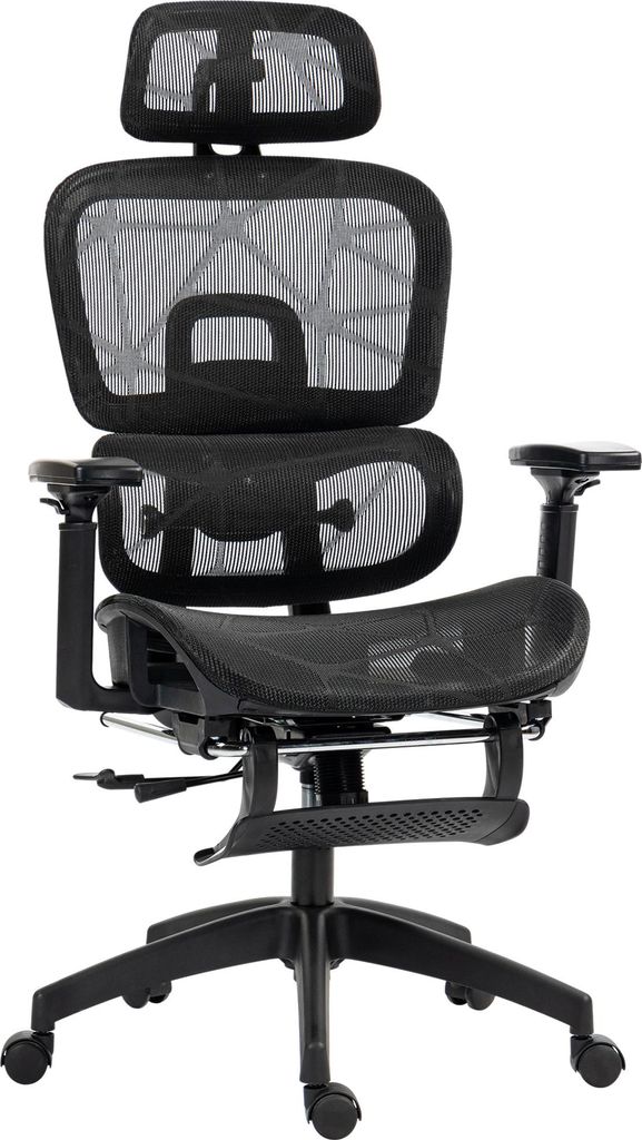 Bürostuhl, Ergonomischer Schreibtischstuhl mit Netzstoffbezug, verstellbar, rollbar, mit Armlehnen, Kopfstütze, Schwarz