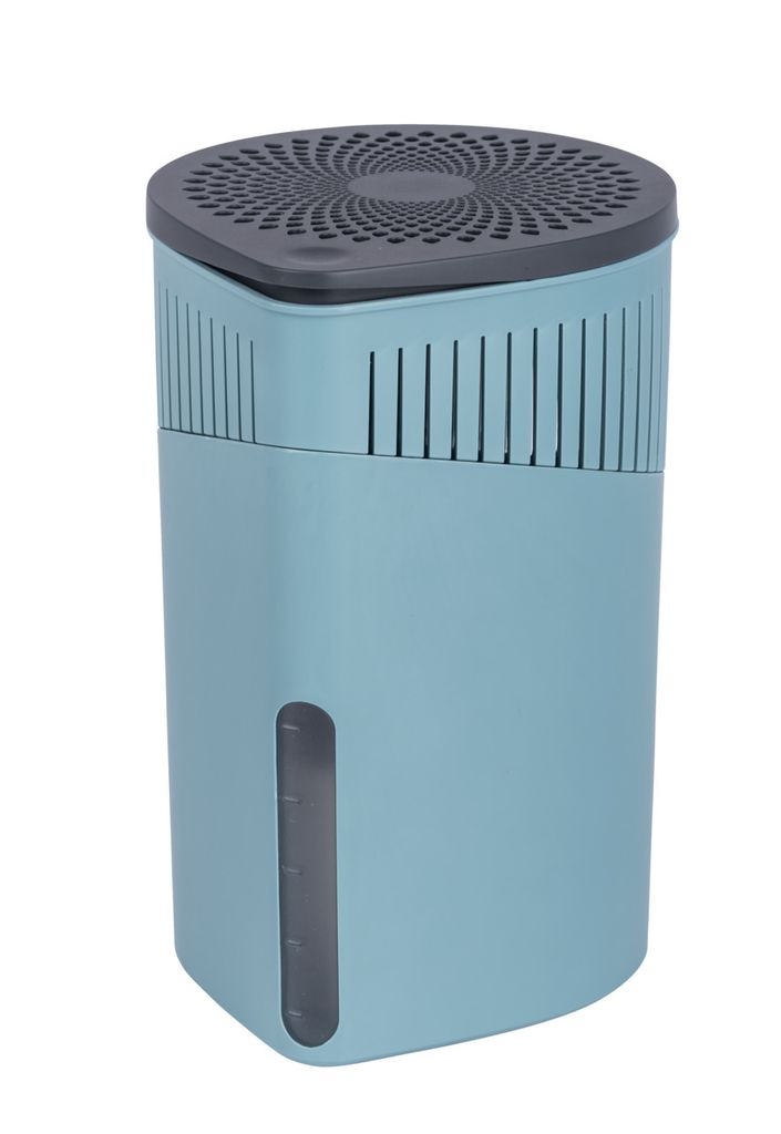 A turquoise dehumidifier with a black top is shown against a white background.