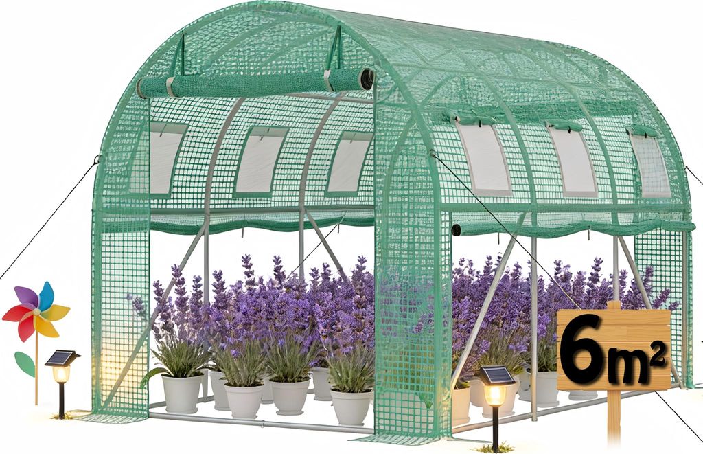 LARS360 Tomatenhaus Gartentunnel 300x200x200 cm, stabiles Foliengewächshaus mit Stahlrahmen, grünes PE-Netz, Fenster & Türen, Pflanzenhaus Garten