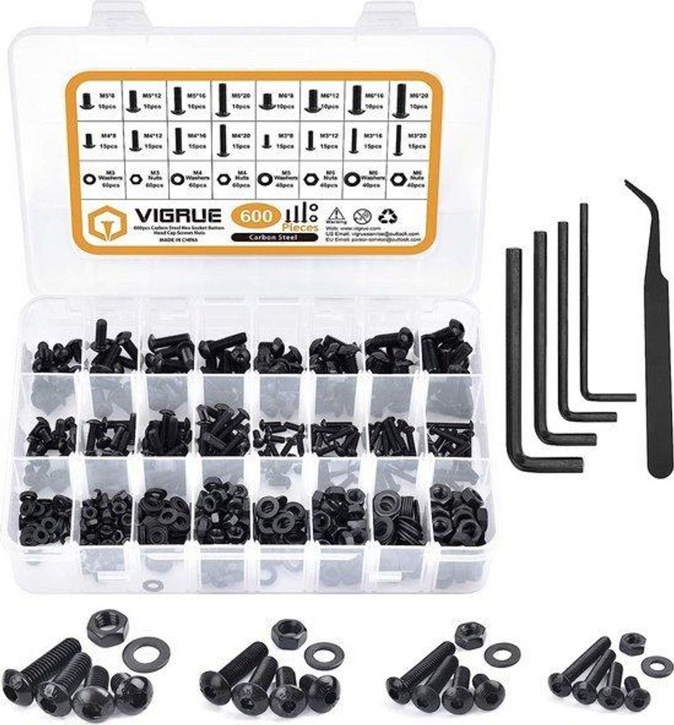 Inbus-Schrauben Assortiment Set, Koolstofstaal, M3 M4 M5 M6, Schwarz, Schrauben und Muttern