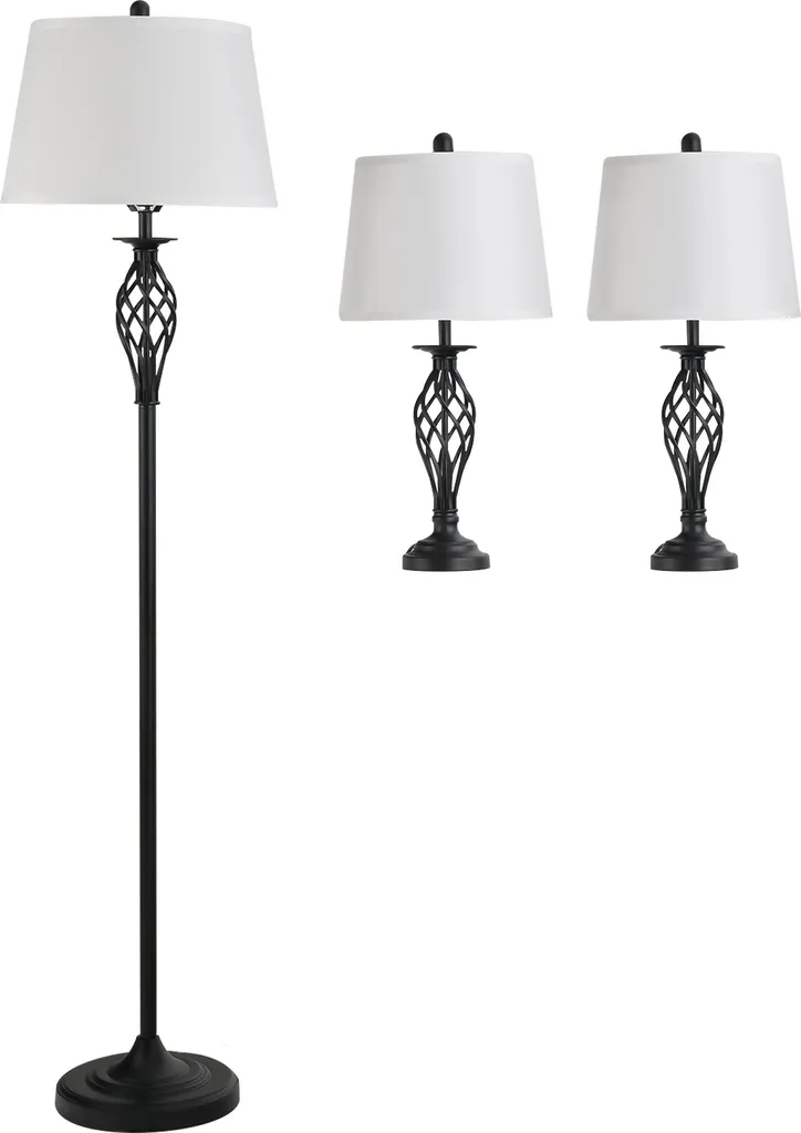Lampadaire Ø62cm et Lampes de Table Ø38cm en Métal Noir et Coton