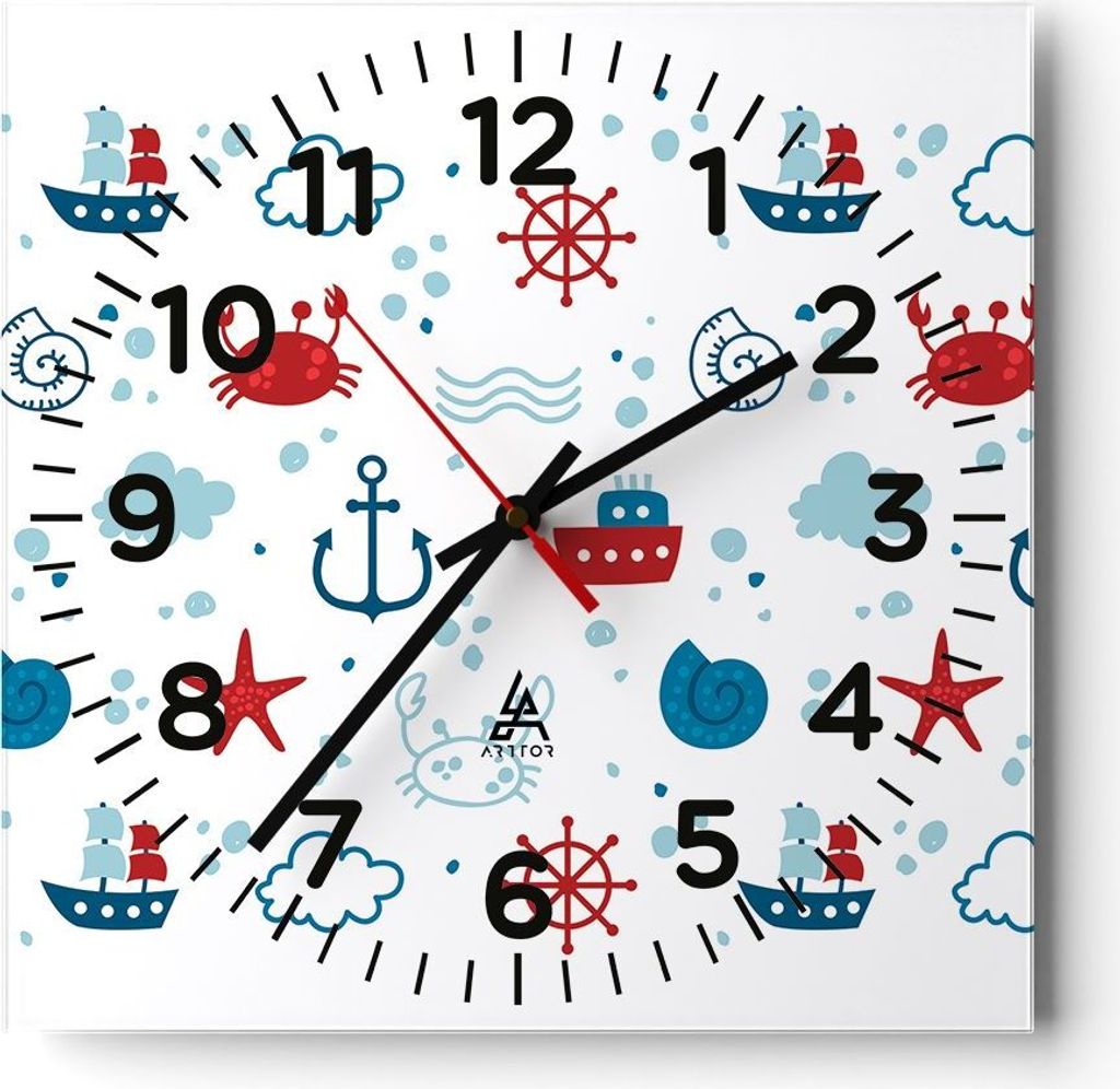 Wanduhr - Quadrat - Glasuhr - Meer Boot Anker Schiff - 30x30cm - Schleichendes Uhrwerk - Lautlos - zum Aufhängen bereit - Dekoration Modern - Wand...