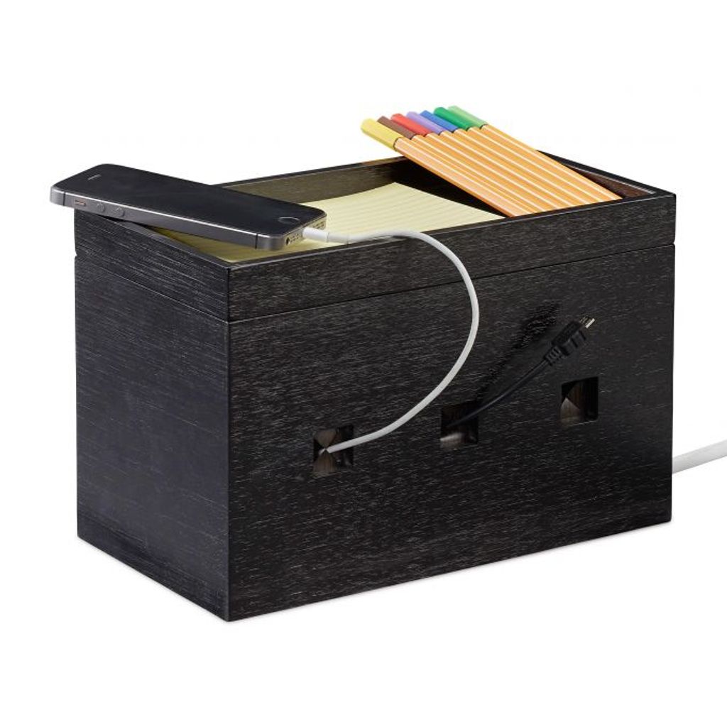 relaxdays Kabelbox Bambus schwarz Produktbild 1