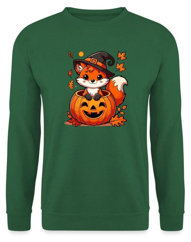 Spreadshirt Süßer Halloween Fuchs Im Kürbis Mit Hexenhut Uni Pullover, S, Grün