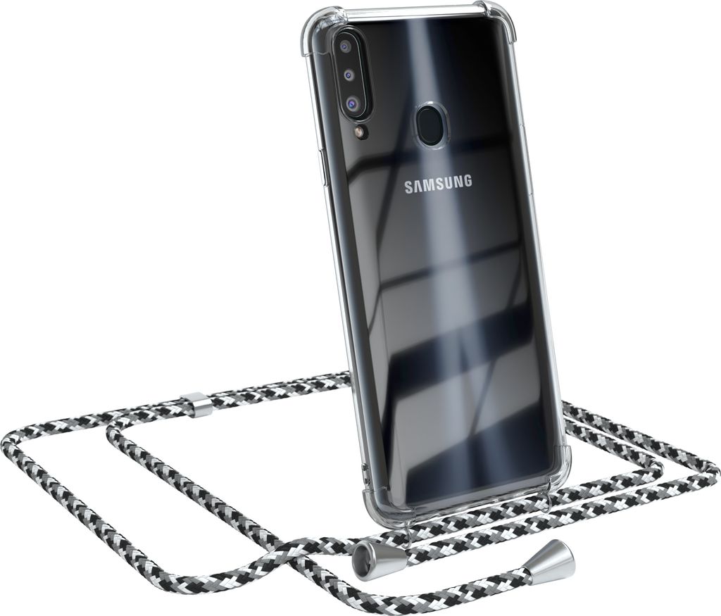 EAZY CASE Handykette kompatibel mit Samsung Galaxy A20s, Handyhülle mit Umhängeband, Handykordel, Schutzhülle Clear, Band in Schwarz