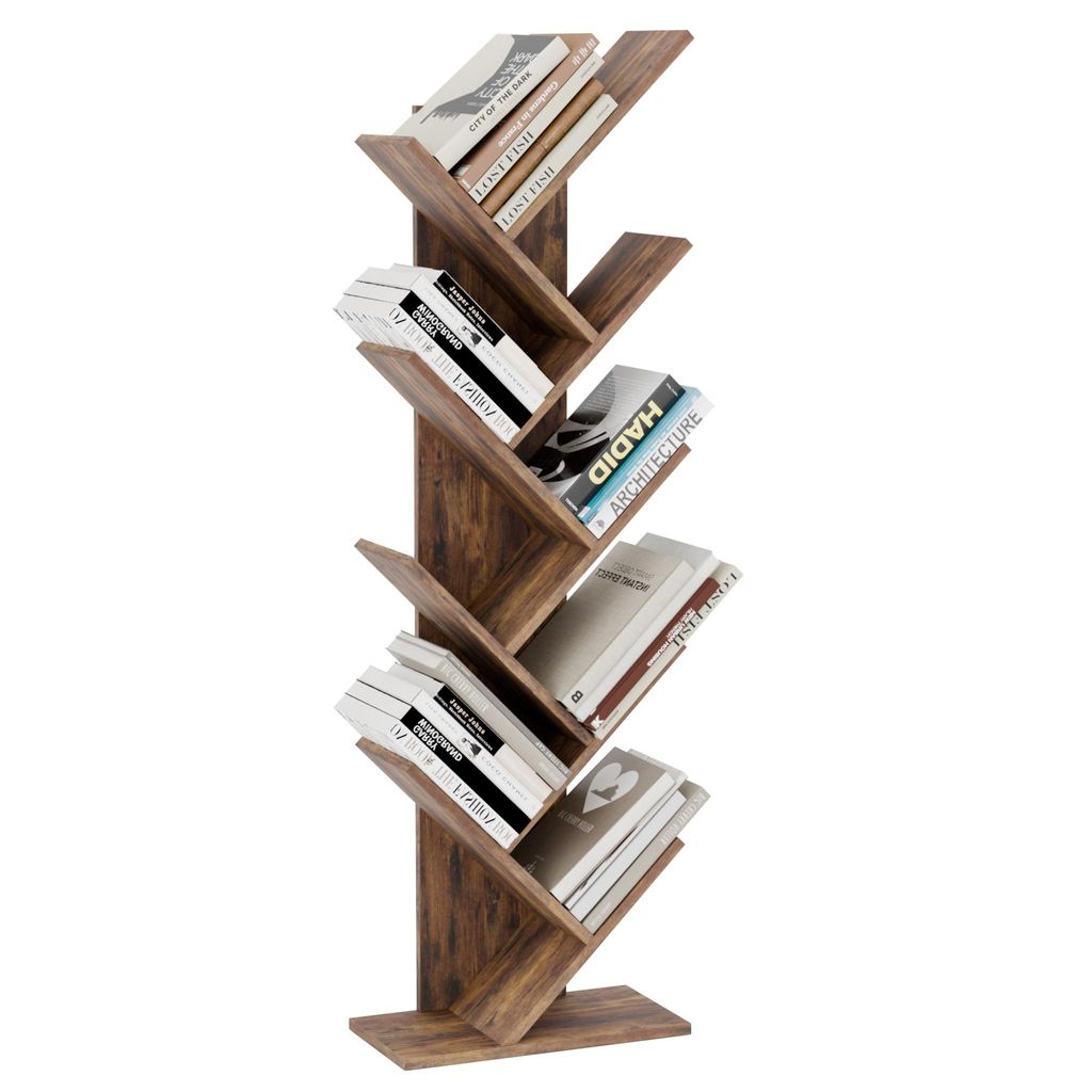 Mondeer Bücherregal in Baumform aus Holz Bücherschrank Würfelregal exquisites 9 lagiges, einfaches Design und Platzsparen Vintage-braune
