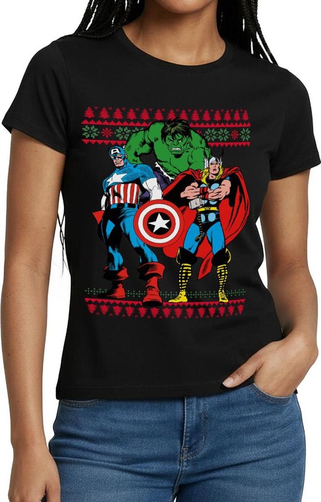 Spreadshirt Avengers Superhelden Weihnachtsmotiv Frauen T-Shirt, XXL, Schwarz