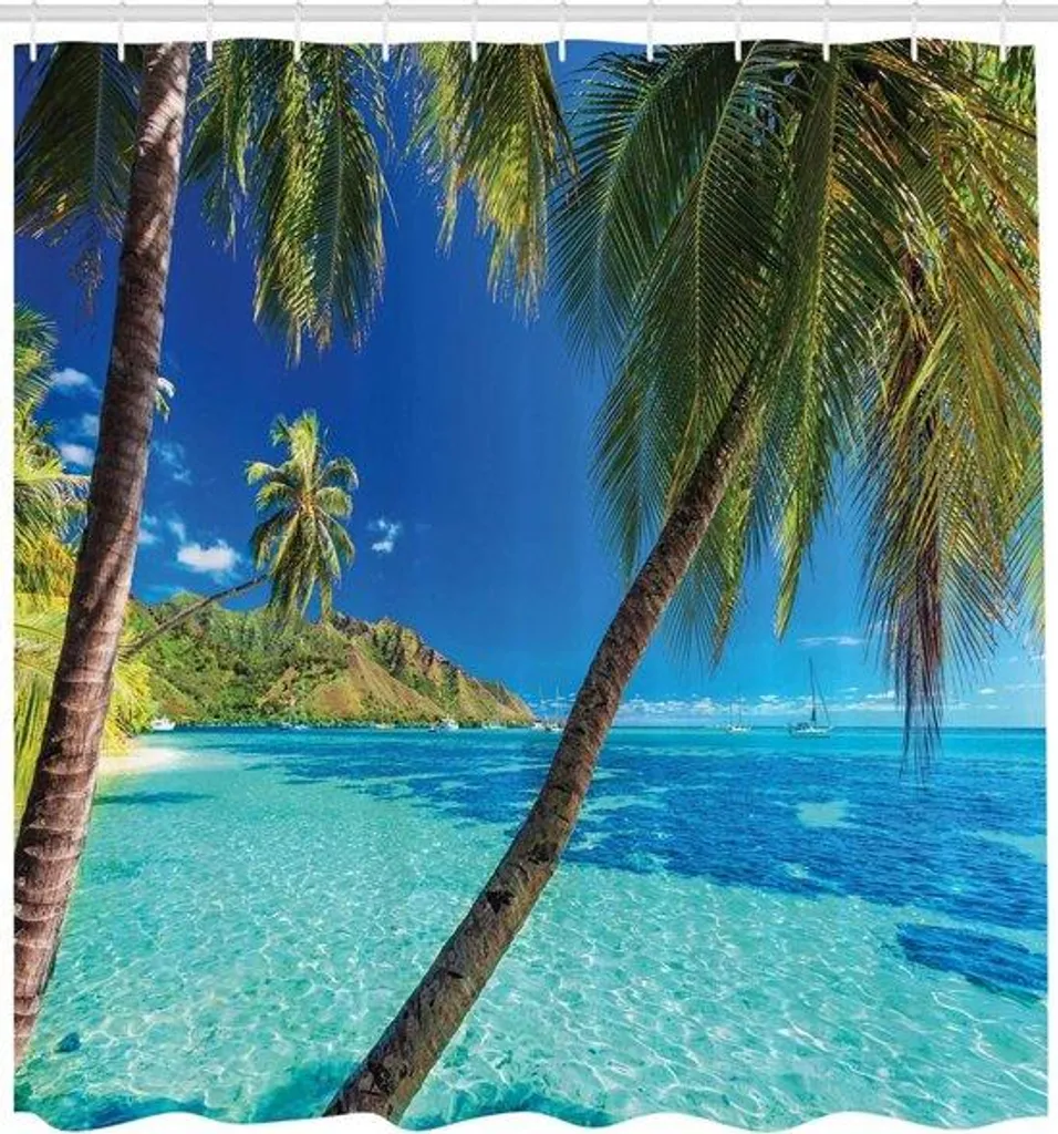 Rideau de douche en tissu turquoise motif paysage exotique 175x200 cm