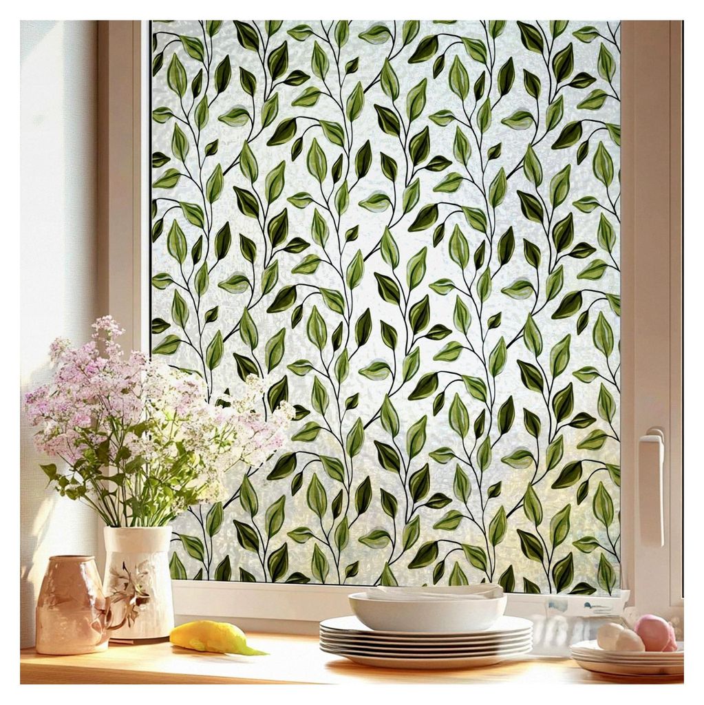 Fenster-Sichtschutzfolie mit mattierten Blättern, dekorativ, Vinyl, Buntglas, grüne Pflanze, statischer Aufkleber, nicht klebende Türabdeckung