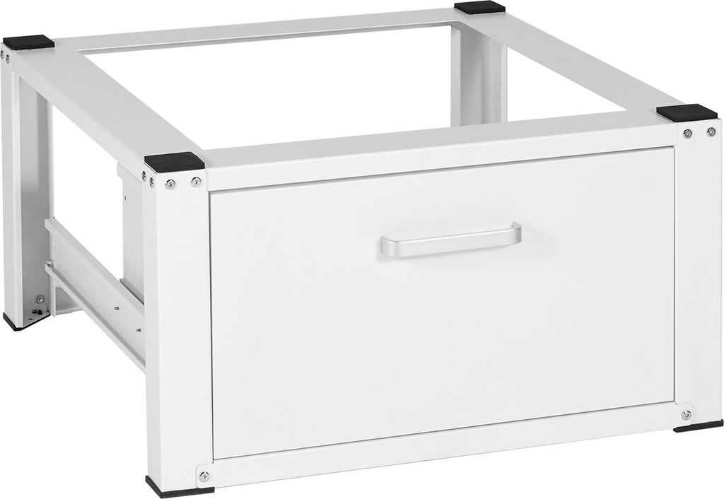 A white metal stand with a drawer, designed to elevate a washing machine or dryer.