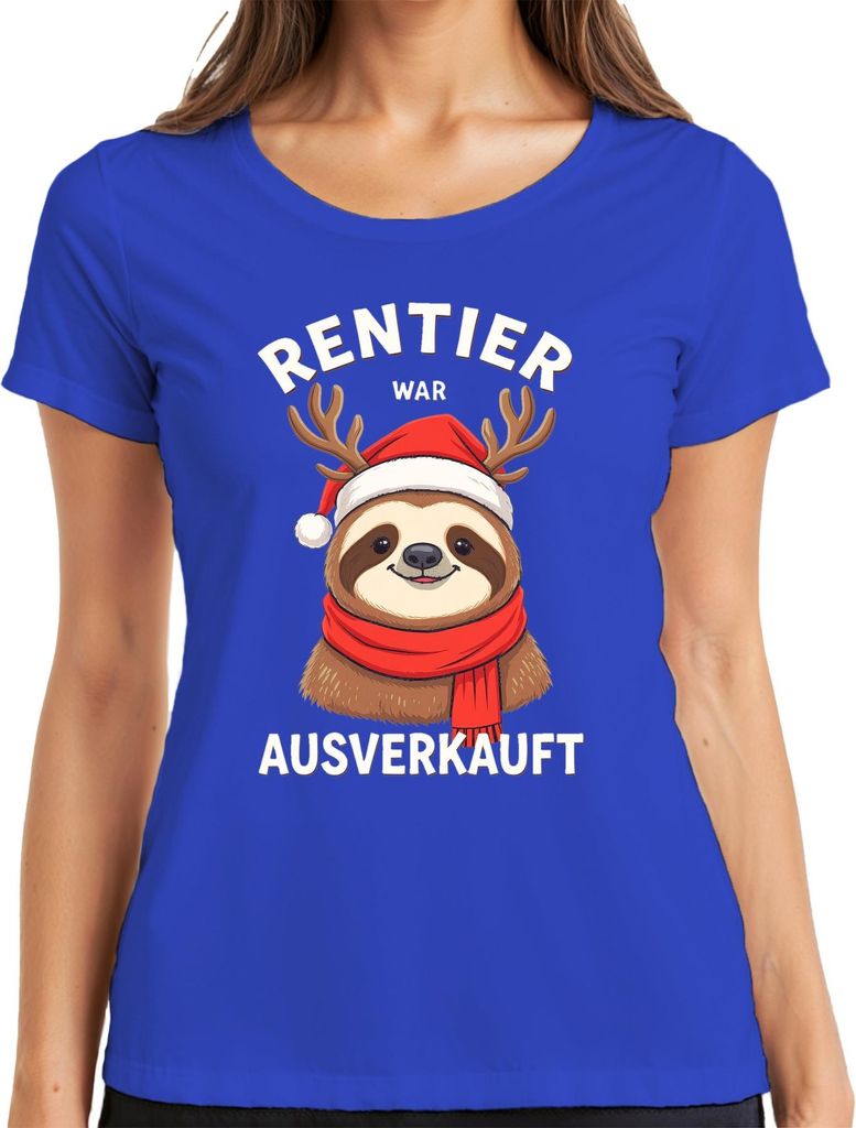 Rentier war t Faultier mit Geweih Weihnachtshut Damen T-Shirt, Blau, L