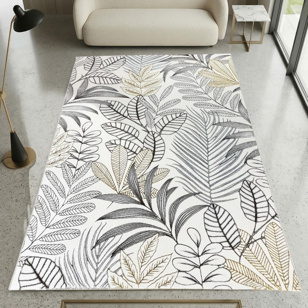 Kurzflorteppich Creme Blätterdesign mit Glanzoptik modern strapazierfähig für Wohnzimmer und Schlafzimmer Größe - 140 x 200 cm