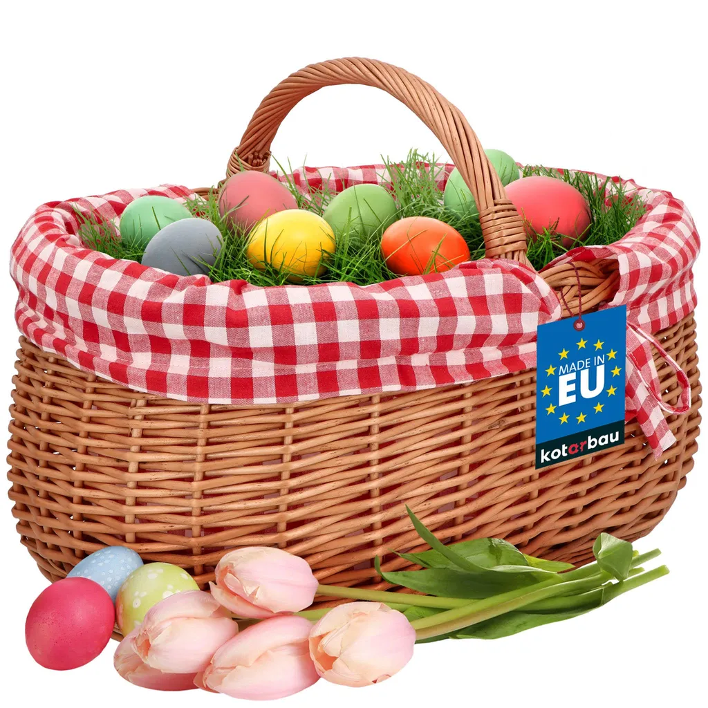 Grand Panier en Osier Naturel Tressé Main avec Tissu à Carreaux Rouges