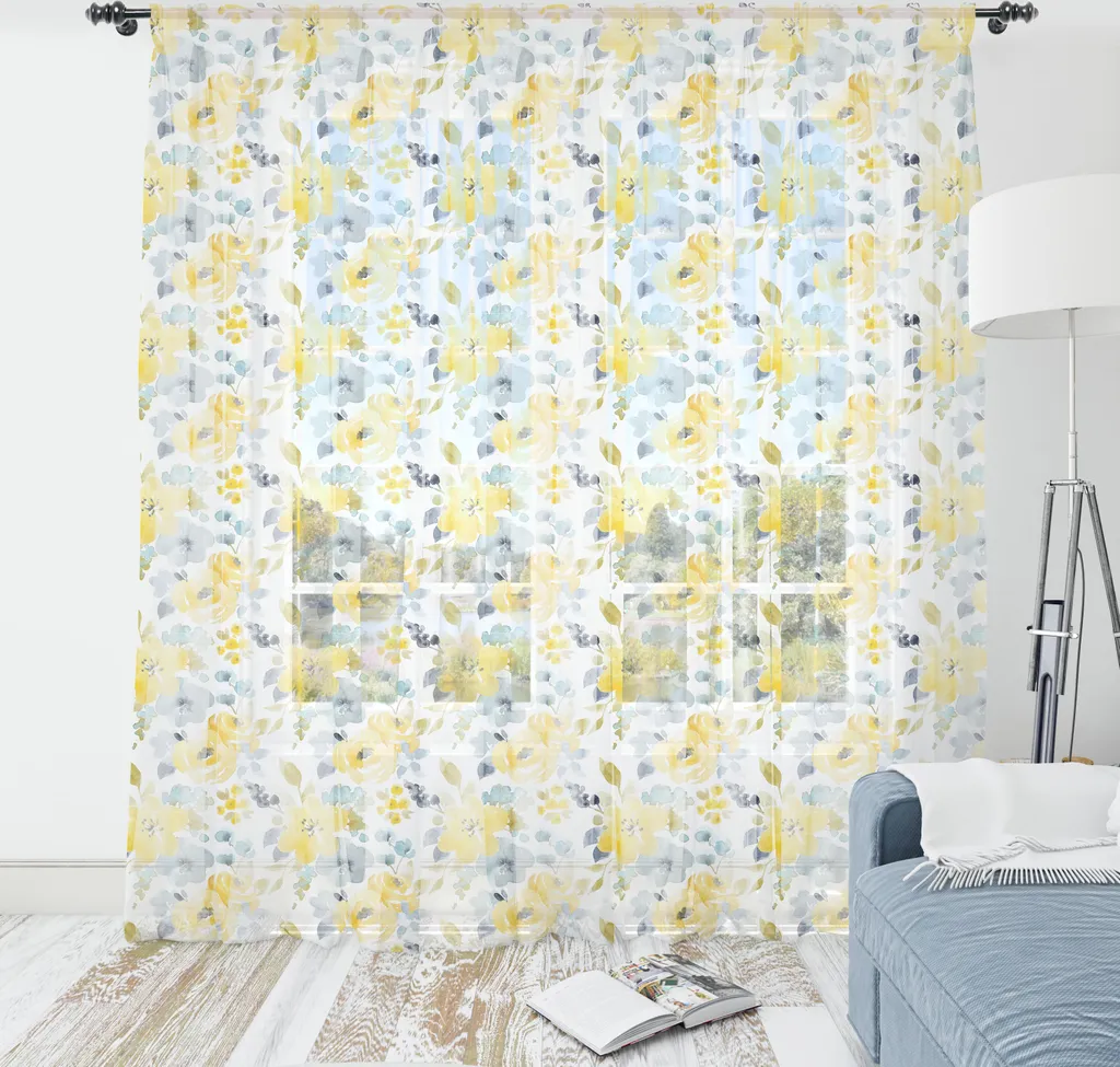 ABAKUHAUS Tapisserie Aquarelle Fleurs Jaune et Bleu Gris, 220x274 cm