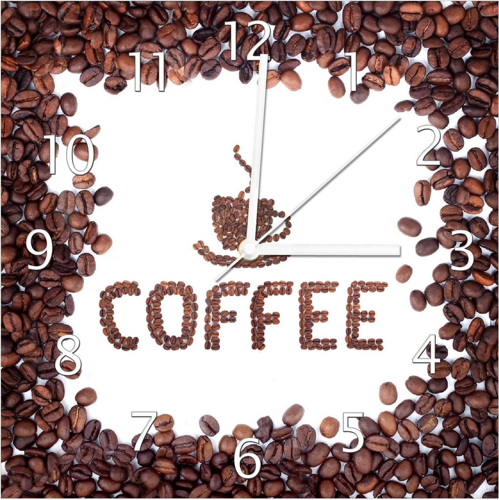 Wallario Design Wanduhr Kaffee Schrift aus Kaffeebohnen aus Echtglas, Größe 30 x 30 cm