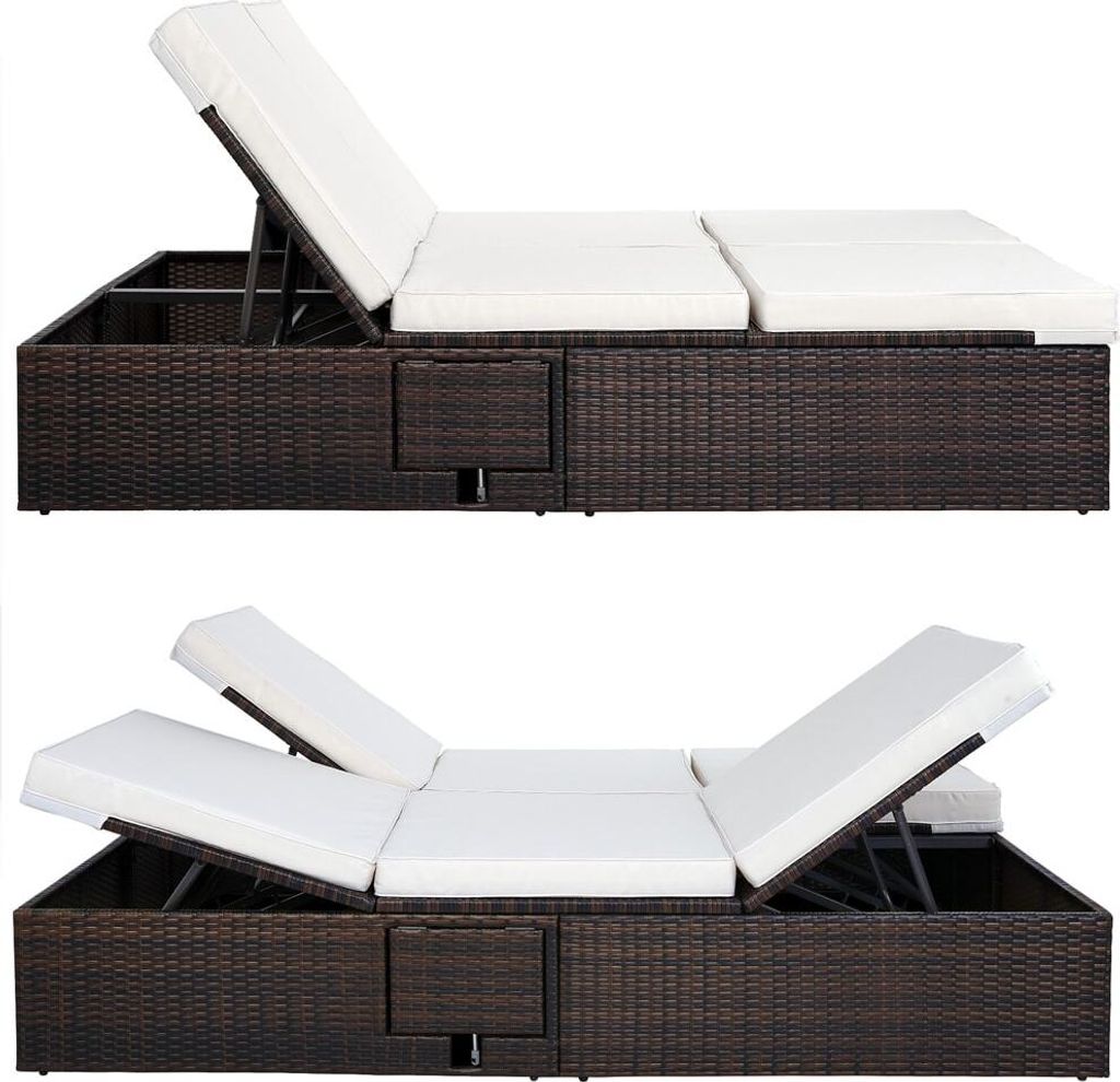 CASARIA Sonnenliege 2 Personen mit Klapptisch 7cm Auflagen Wetterfest Gartenliege 400kg Belastbar Liegestuhl Verstellbar Braun Creme 196x116cm