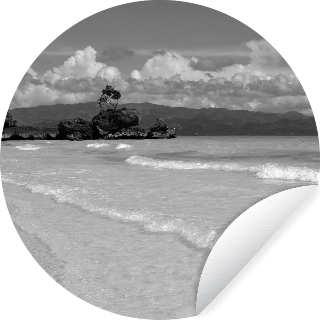 MuchoWow Runde Wandtattoo - Wandsticker Tapete Aufkleber Tropischer Strand auf der Insel Boracay - schwarz und weiß Ø 100 cm Selbstklebend und ...