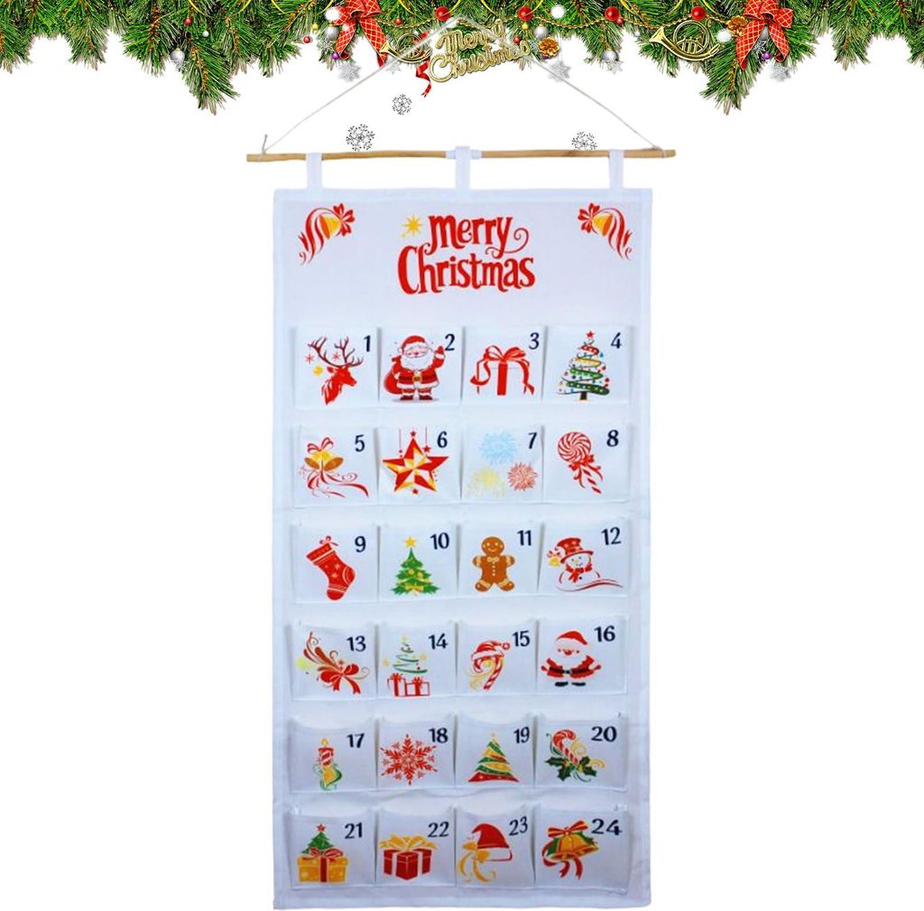 Adventskalender mit Taschen, 24-tägiger, befüllbarer Aufbewahrungsbeutel für Weihnachtsdekorationen zu Hause, weiss