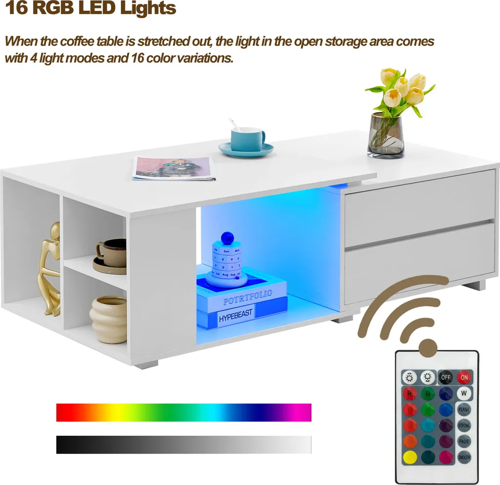 CLIPOP Table basse extensible blanche LED - 4 Tiroirs et Étagère Bois - 8