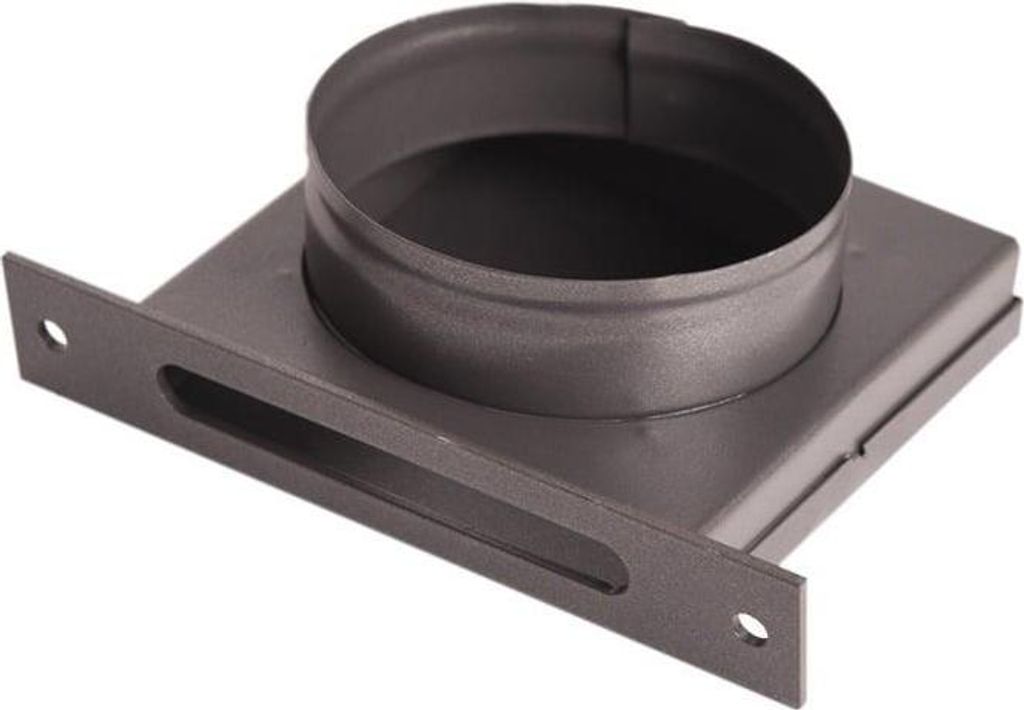 A close-up studio shot of a metal air duct adapter.