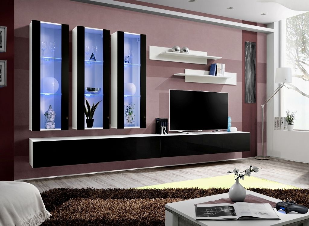 Wohnwand Schrankwand FL-E3, 320x190x40cm, inkl. LED Beleuchtung, Weiß-Schwarz Hochglanz