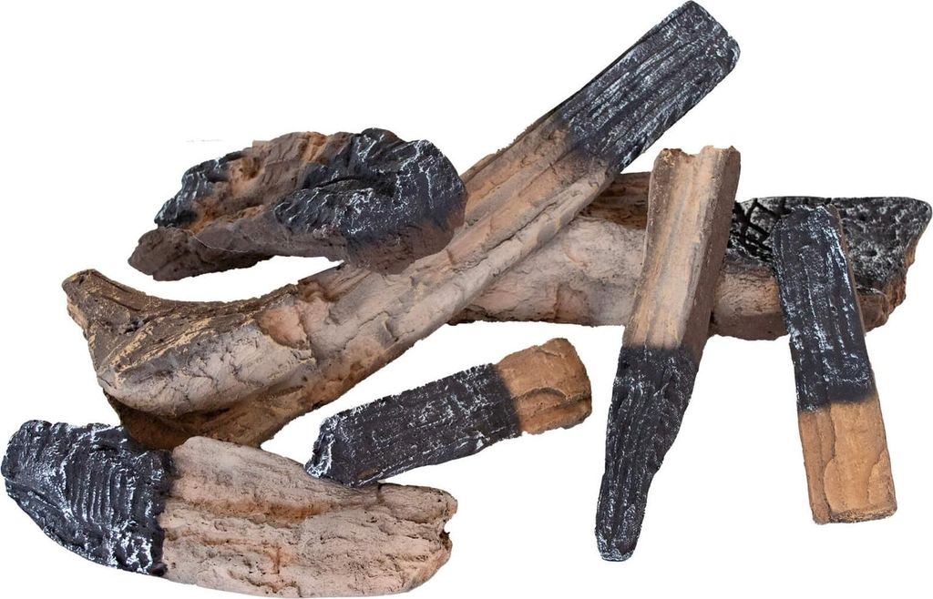 A pile of ceramic logs designed to look like burnt wood, likely for a fireplace.