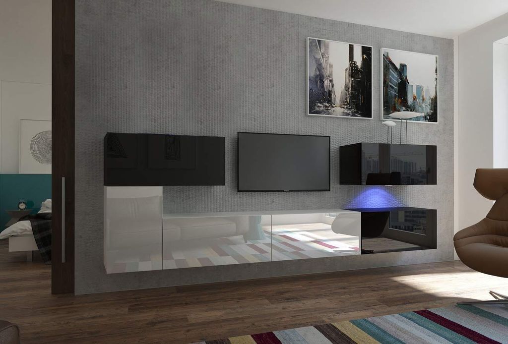 Furnitech Wohnwand Wohnzimmer - Hängend Wohnwand Modern - Regale und TV Schrank - Wohnzimmer Möbel ohne LED (AN12-18BW-HG3 1B)