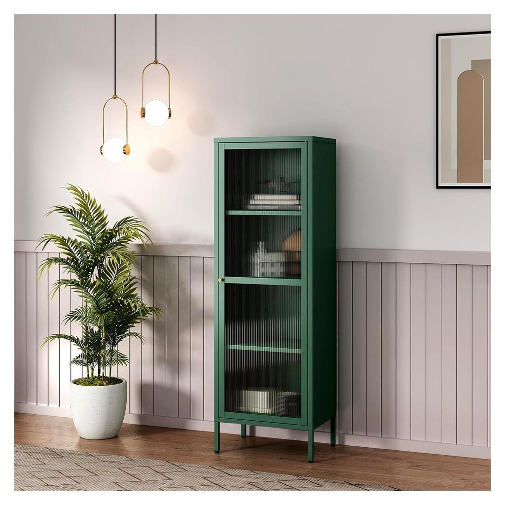 Vitrinenschrank Säkylä Bücherschrank mit 4 Ablagen 150 x 50 x 35 cm Küchenschrank mit 1 Tür Mehrzweckschrank Vitrine Metallschrank Tannengrün