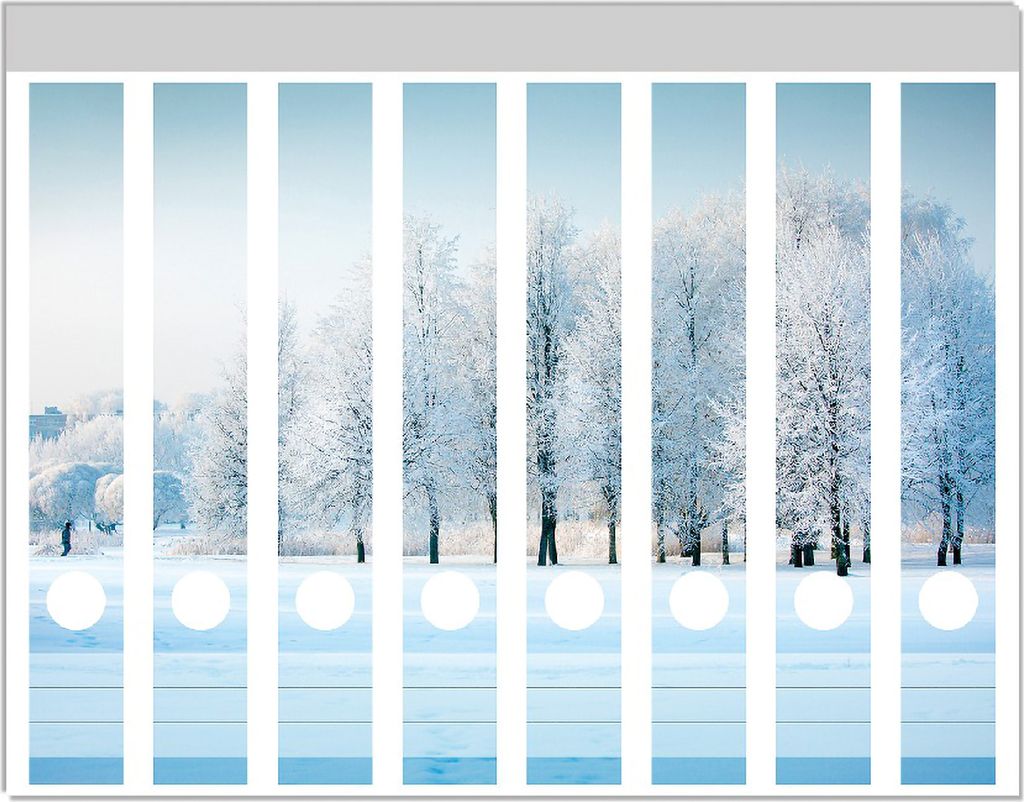 Wallario Ordnerrücken Sticker, selbstklebend für schmale Ordner, 8 Stück, Motiv Verschneite Bäume in einer Winterlandschaft