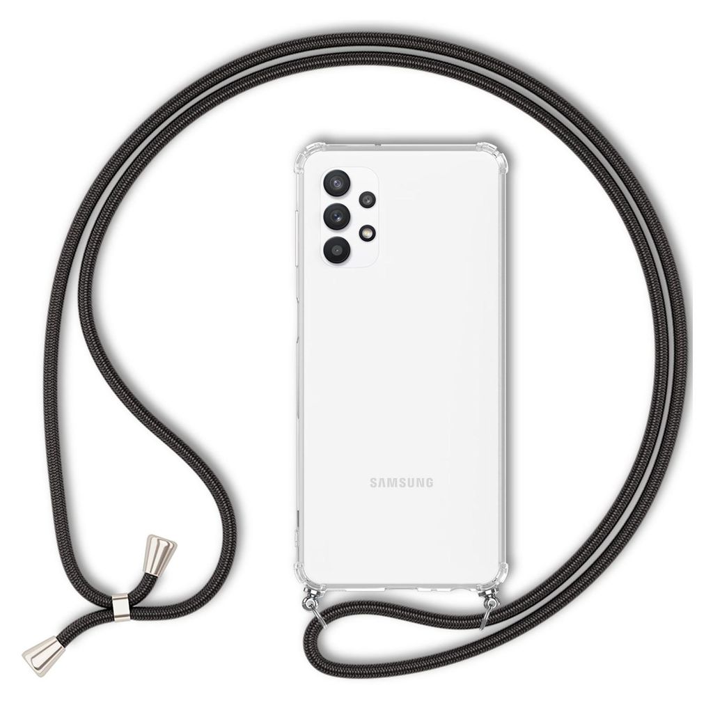 A transparent phone case with a black lanyard and silver accents, shown on a white background.