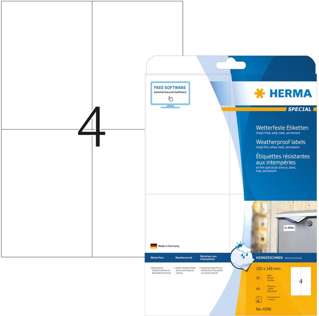 HERMA 4598, Weiß, Rechteck, Permanent, 105 x 148, A4, Produktbild 