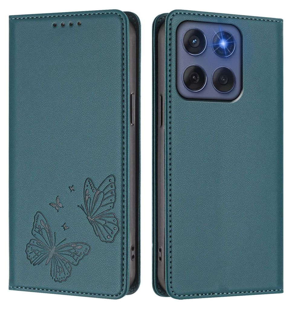 Lederhülle für Motorola Edge 60/ Edge 60 Fusion, Schmetterling Prägung Leder Brieftasche Schutzhülle mit Ständer Grün