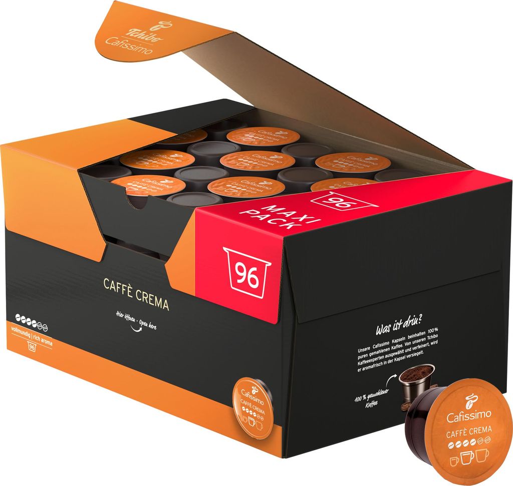 Tchibo Cafissimo Vorratsbox Caffè Crema vollmundig Kaffeekapseln, 96 Stück (Kaffee, ausgewogen und vollmundig), nachhaltig & fair gehandelt