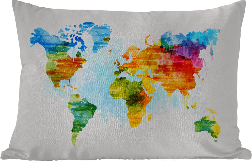 MuchoWow Outdoor Kissen - Weltkarte - Aquarell - Regenbogen - Kinder - Jungen - Mädchen - 60x40 cm - Wetterfest - Lounge Kissen - Zierkissen - K...