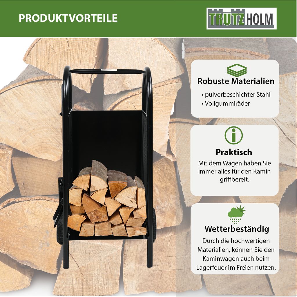 Kaminholzwagen mit Kaminbesteck 3-teilig Schaufel, Besen, Produktbild 7