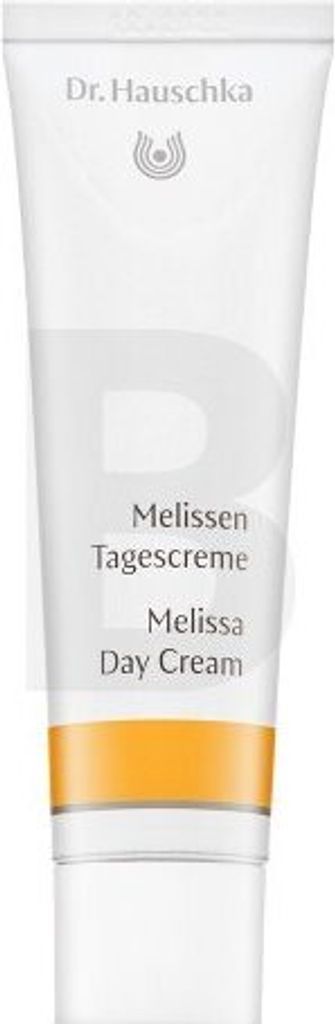 A white tube of Dr. Hauschka Melissa Day Cream with an orange band near the bottom.