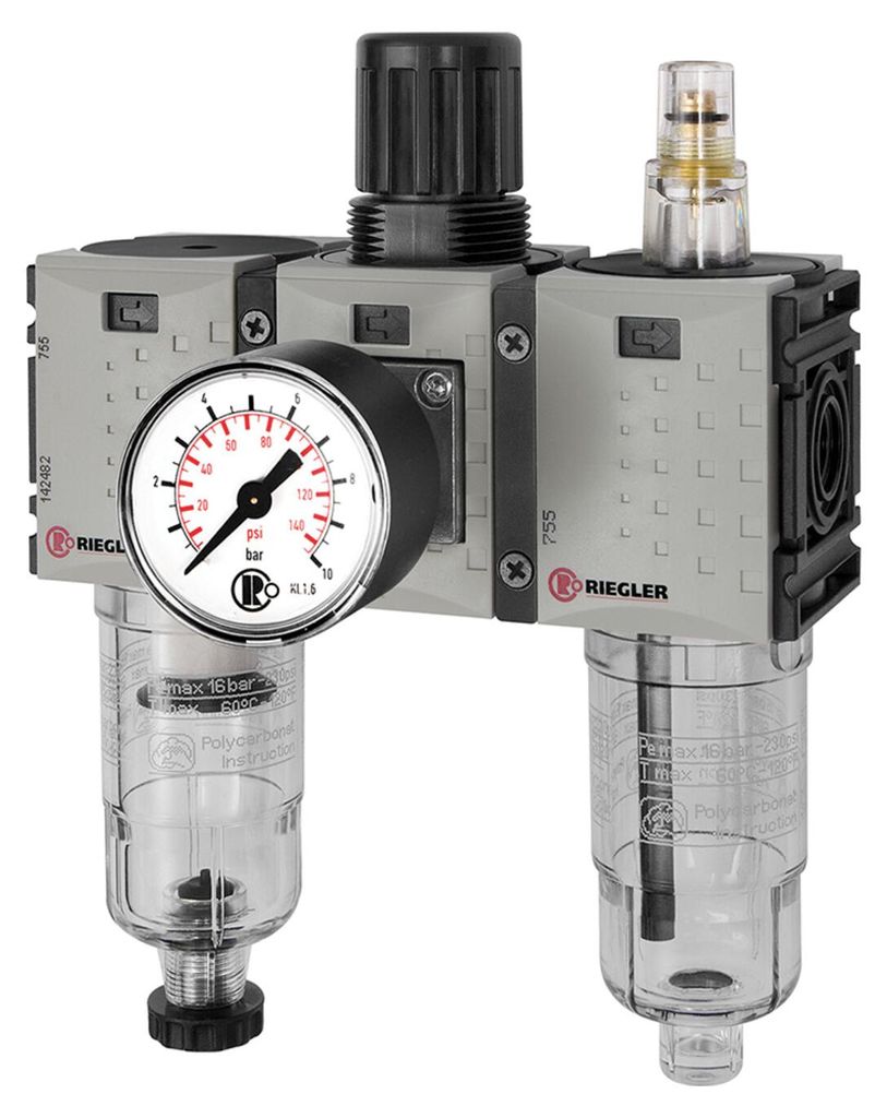 Riegler Wartungseinheit 3-tlg. »FUTURA-mini«, PC-Beh., Standardmanometer, G 1/4, 0,1-4, HA