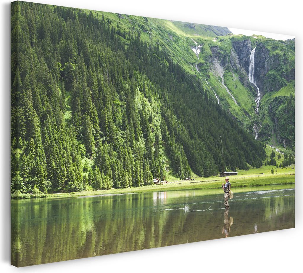 Leinwandbild (60x40cm): Landschaftsbilder Fischer kniehoch im Wasser vor grüner Bergkulisse, echter Holz-Keilrahmen inkl. Aufhänger, handgefertig...