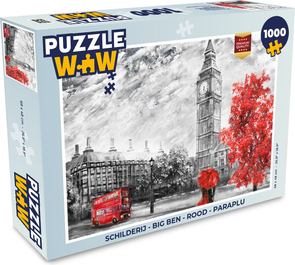 MuchoWow Puzzle 1000 Teile Gemälde - Big Ben - Rot - Regenschirm - Erwachsene - Rätsel