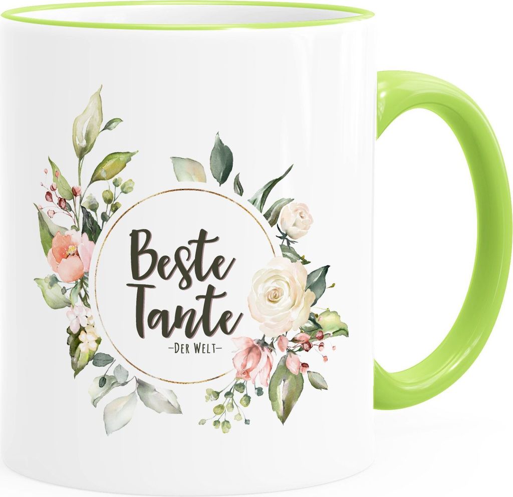 Kaffee-Tasse Beste Tante der Welt Geschenk Familie Blumen Kaffeetasse Teetasse Keramiktasse MoonWorks rim-hellgrün Keramik-Tasse