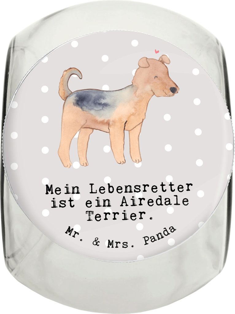 Mr. & Mrs. Panda Bonbonglas Airedale Terrier Lebensretter L 870ml - Grau Pastell - Geschenk, Vorratsbehälter, aufbewahrungsglas, glasbehälter, Ke...