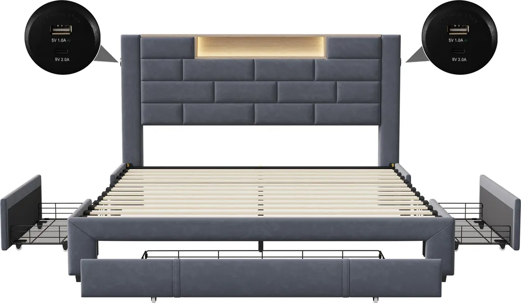 Lit coffre 160x200 velours gris avec rangements et tête de lit LED