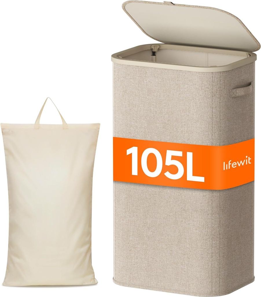 Wäschekorb 100L mit Deckel und Kunststoffgriffen - Herausnehmbarer Sack - Faltbar - Dunkelgrau