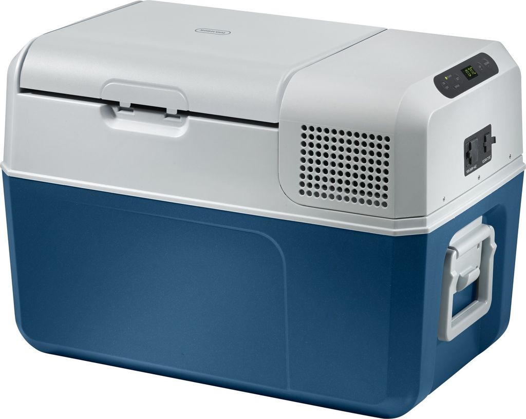 A blue and white portable cooler/refrigerator.