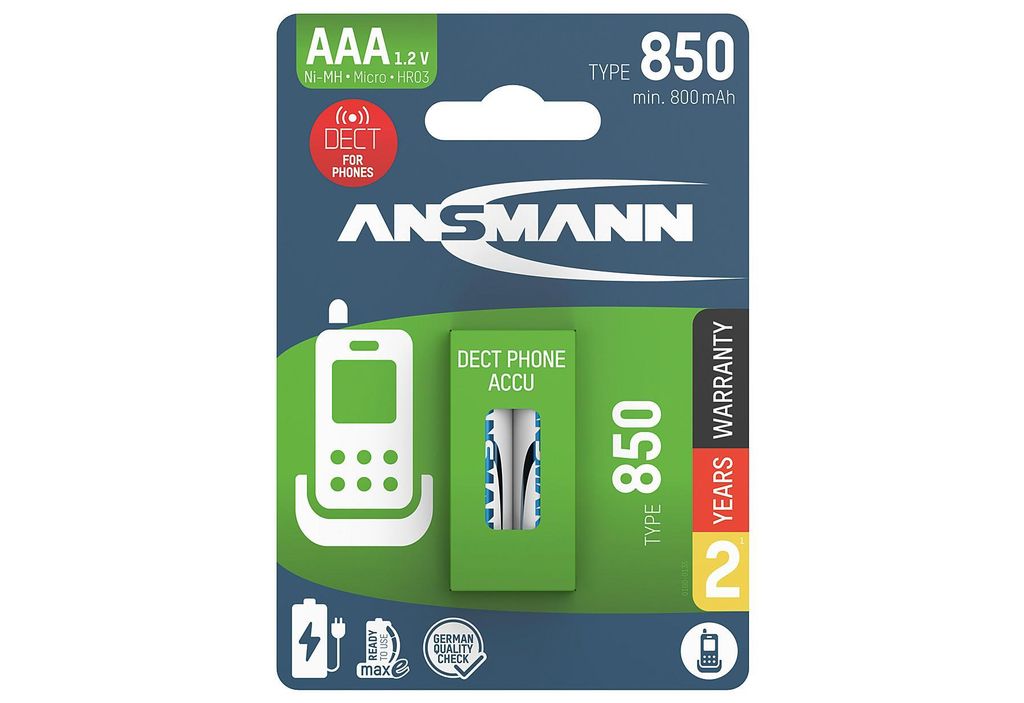 Ansmann 1311-0025, Wiederaufladbarer Akku, AAA, Nickel-Metallhydrid (NiMH), 1,2 V, 2 Stück(e), 800 mAh