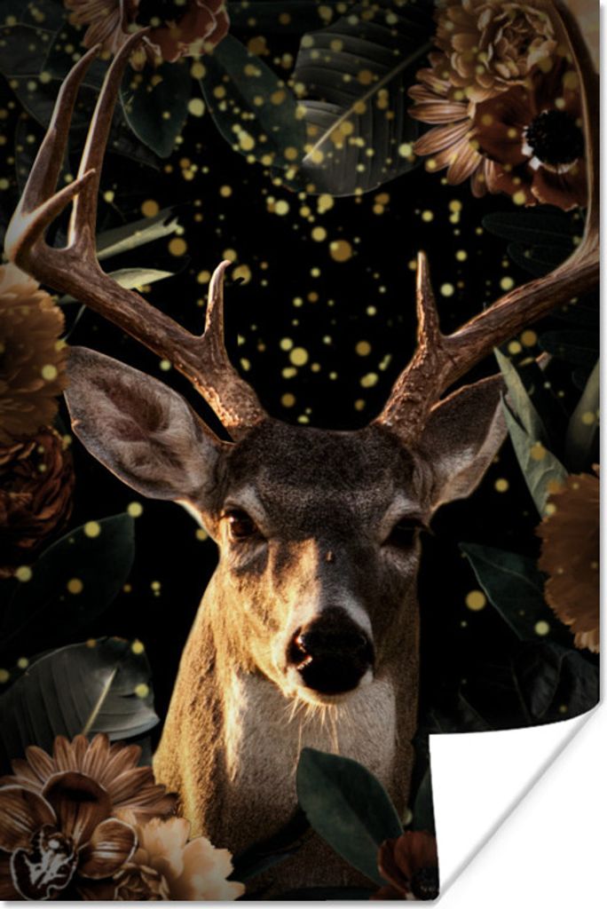 MuchoWow Poster Hirsche - Blumen - Gold 20x30 cm - Papierdruck