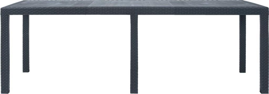 A dark gray rectangular table with four legs, shown from the front against a white background.