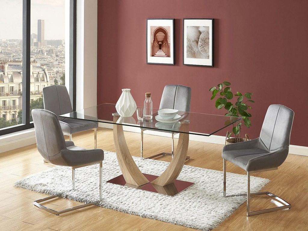 6-Sitzer Esstisch mit gehärtetem Glas, MDF und Edelstahl - Natur hellbraun - MELODIE II